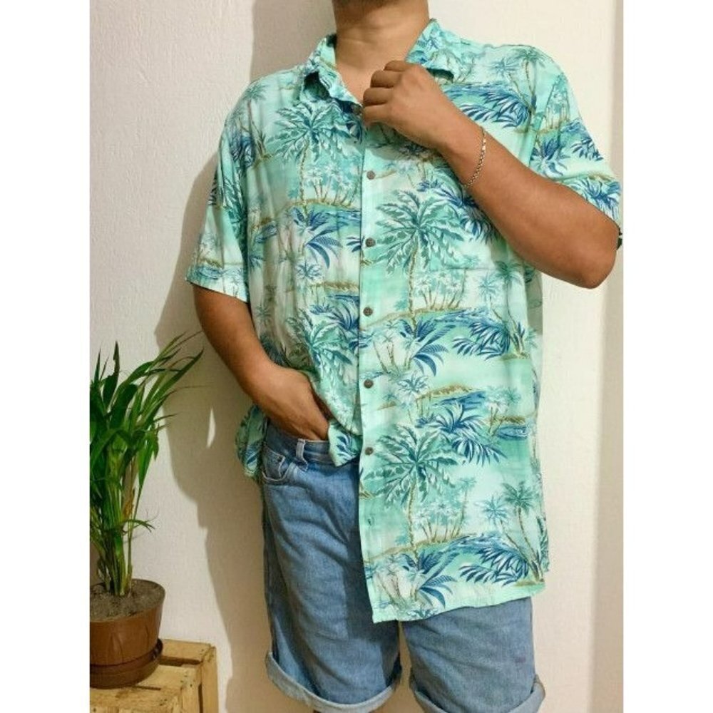 Windham Pointe Vintage Hawaiian Button Down Shirt Blue‎ Palms Trees Size Large